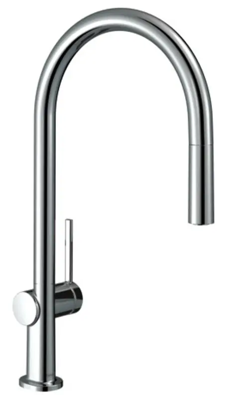Hansgrohe Spültischmischer mit hohem Auslauf und einer Griffbedienung in Chrom-Optik, geeignet für moderne Küchen.